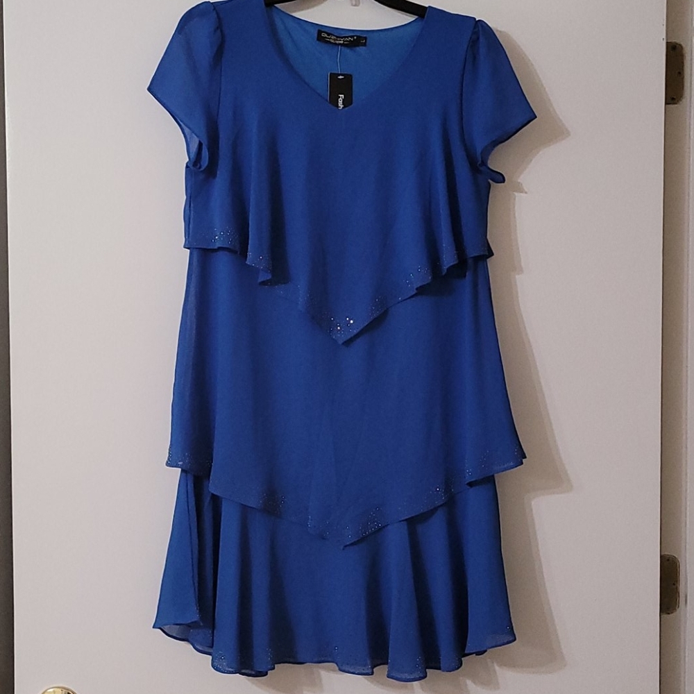 Blue cap sleeve scalloped and studded dress
